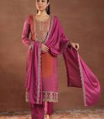 Women bandhani printed regular kurta with trousers & with dupatta