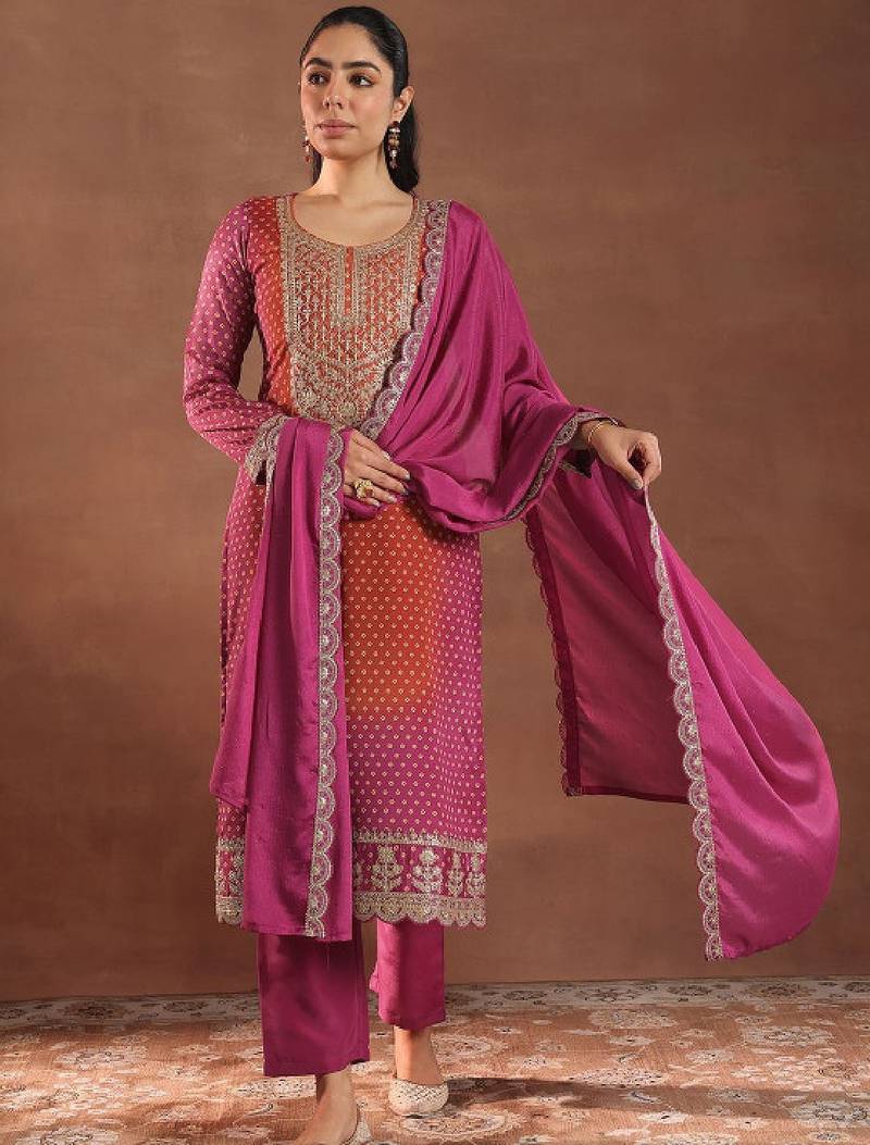 Women bandhani printed regular kurta with trousers & with dupatta