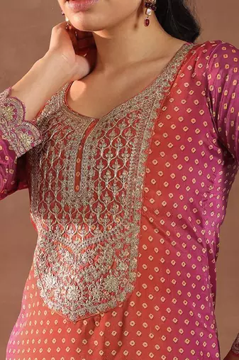 Women bandhani printed regular kurta with trousers & with dupatta