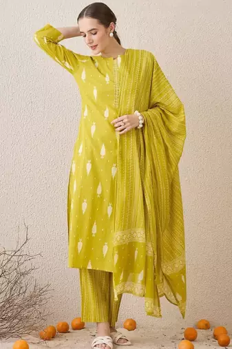Floral printed notch neck sequinned pure cotton kurta & trousers & dupatta