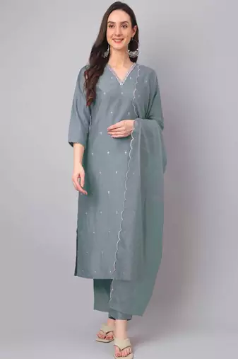 Women ethnic motifs embroidered regular kurta with trousers & with dupatta