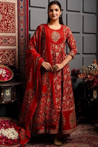 Women ethnic motifs printed cotton anarkali kurta with trousers & dupatta
