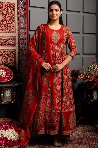 Women ethnic motifs printed cotton anarkali kurta with trousers & dupatta