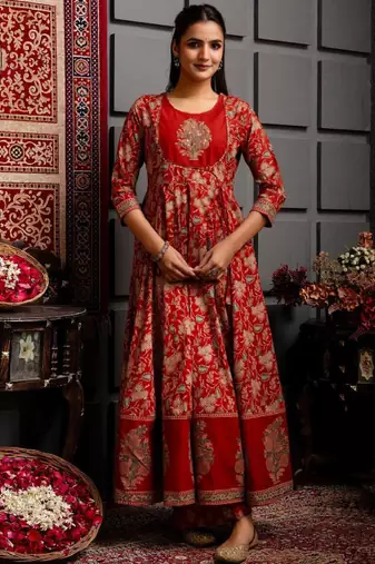Women ethnic motifs printed cotton anarkali kurta with trousers & dupatta