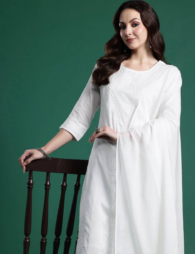 Women floral embroidered regular thread work pure cotton kurta with trousers & with dupatta