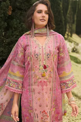 Floral printed v-neck linen kurta with trousers and dupatta