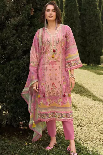 Floral printed v-neck linen kurta with trousers and dupatta