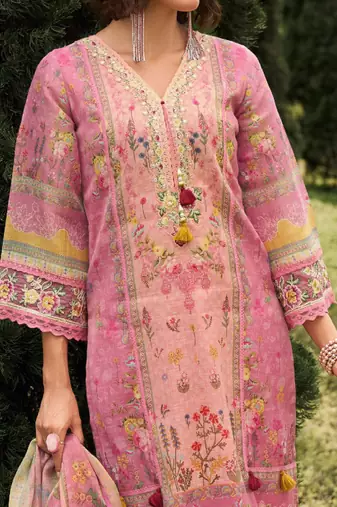 Floral printed v-neck linen kurta with trousers and dupatta