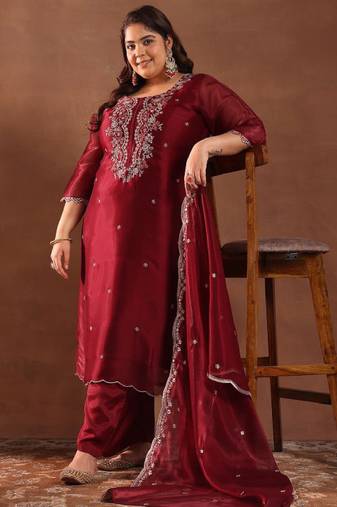 Women plus size embroidered sequinned kurta with trousers & dupatta