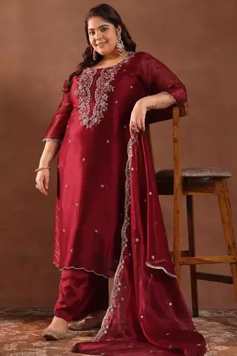 Women plus size embroidered sequinned kurta with trousers & dupatta