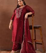 Women plus size embroidered sequinned kurta with trousers & dupatta