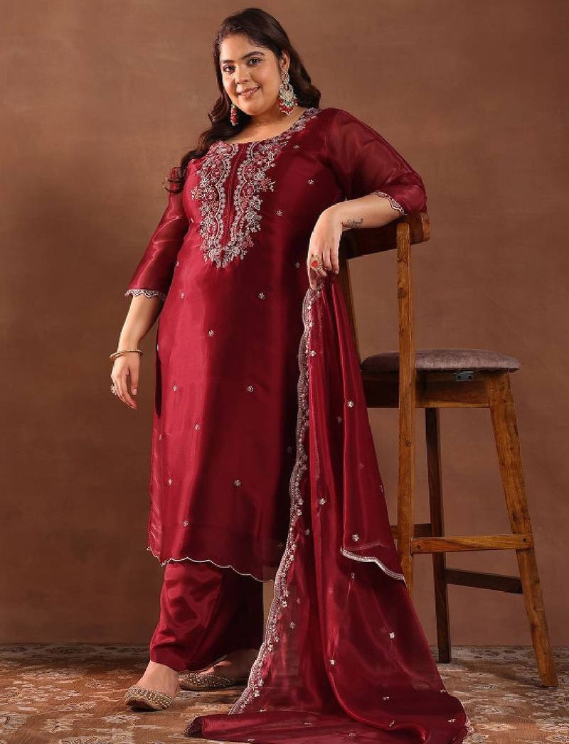 Women plus size embroidered sequinned kurta with trousers & dupatta