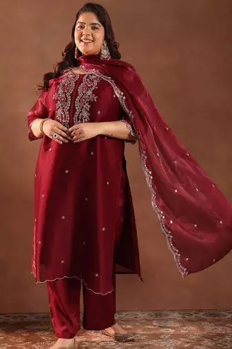 Women plus size embroidered sequinned kurta with trousers & dupatta