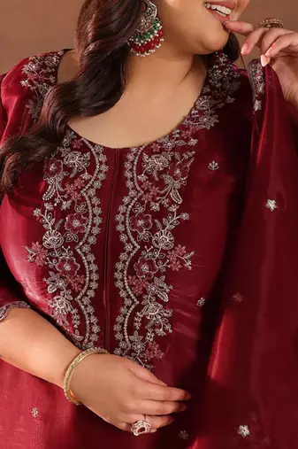 Women plus size embroidered sequinned kurta with trousers & dupatta