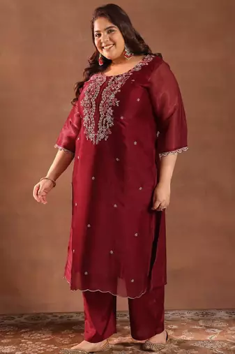 Women plus size embroidered sequinned kurta with trousers & dupatta