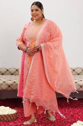 Plus size geometric woven design straight kurta & trouser with dupatta