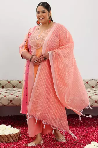 Plus size geometric woven design straight kurta & trouser with dupatta