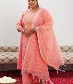 Plus size geometric woven design straight kurta & trouser with dupatta