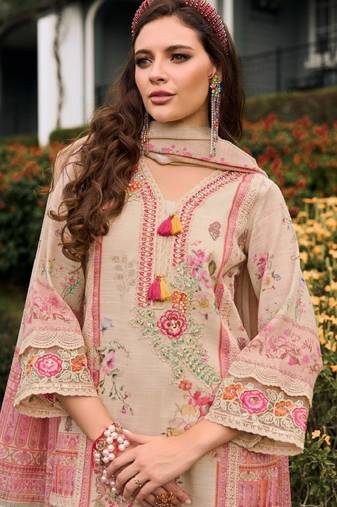 Floral printed v-neck sequinned linen kurta with trousers and dupatta