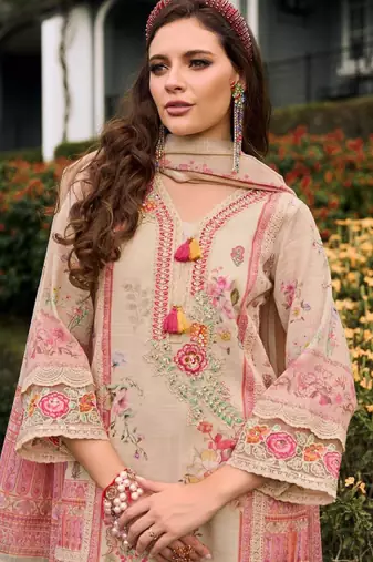 Floral printed v-neck sequinned linen kurta with trousers and dupatta