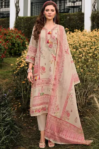 Floral printed v-neck sequinned linen kurta with trousers and dupatta