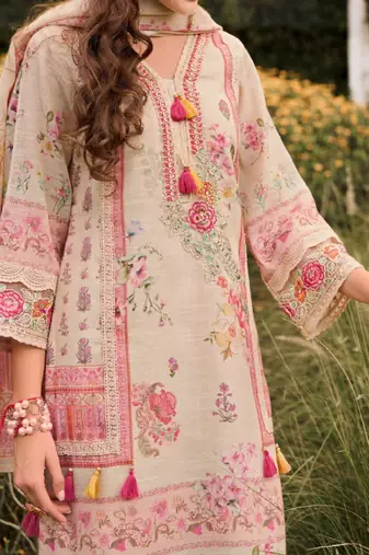 Floral printed v-neck sequinned linen kurta with trousers and dupatta