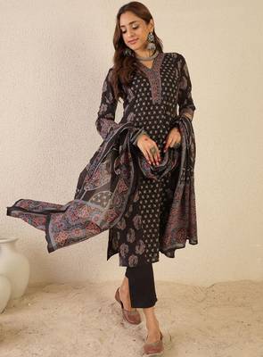 Floral printed v-neck pure cotton straight kurta with trousers & dupatta 1
