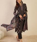 Floral printed v-neck pure cotton straight kurta with trousers & dupatta