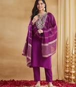 Purple viscose rayon kurta pant set with chanderi jacquard dupatta