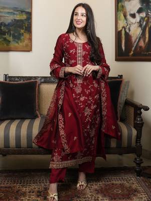 Women ethnic motifs embroidered regular sequinned kurta with trousers & dupatta 1