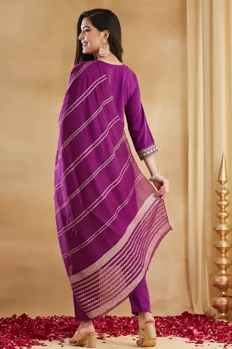 Purple viscose rayon kurta pant set with chanderi jacquard dupatta
