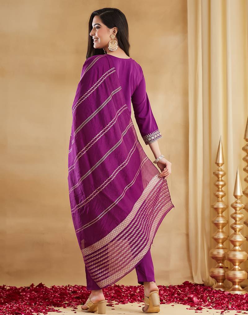 Purple viscose rayon kurta pant set with chanderi jacquard dupatta
