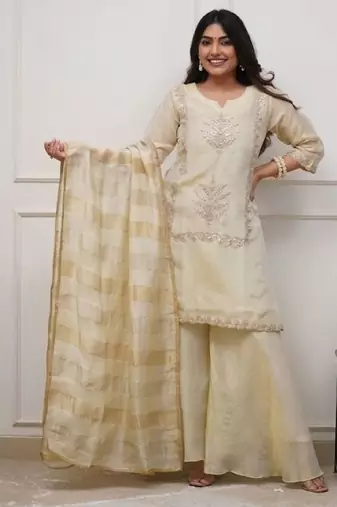 Cream chinon embroidered kurta pant set with jacquard dupatta