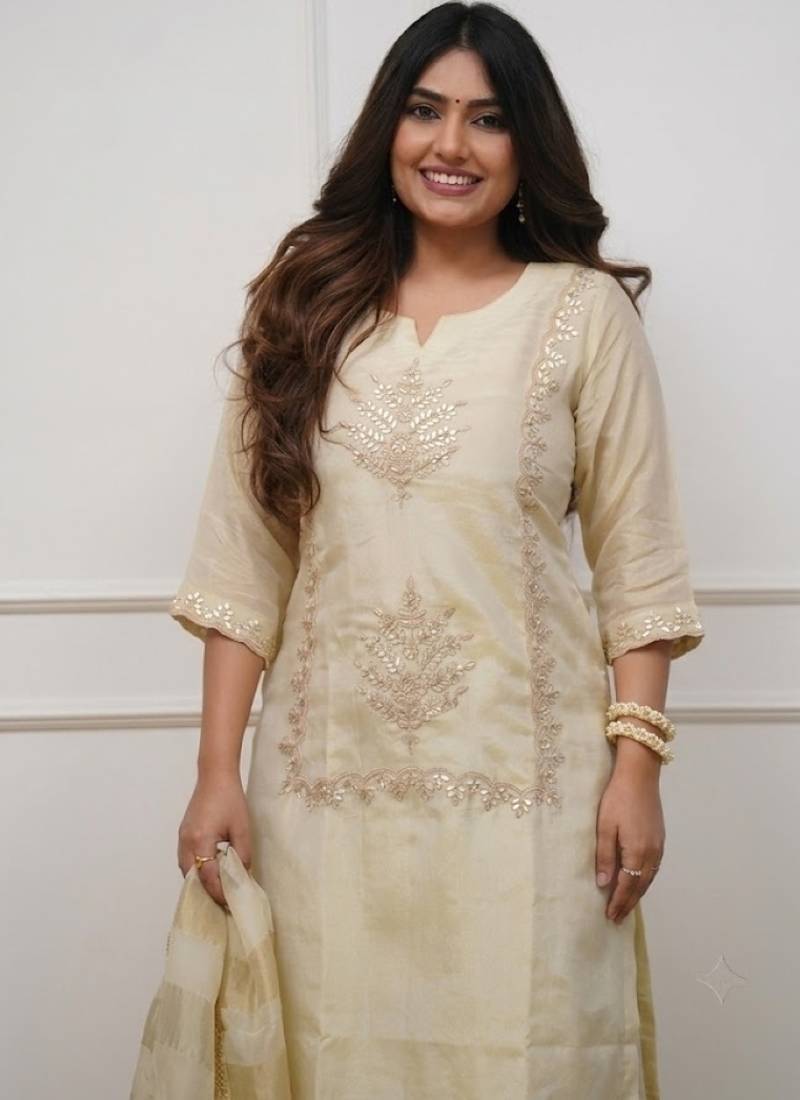 Cream chinon embroidered kurta pant set with jacquard dupatta