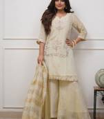 Cream chinon embroidered kurta pant set with jacquard dupatta