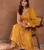 Womens mustard printed rayon anarkali kurta with churidar & dupatta