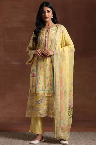 Floral printed notch neck beads and stones straight kurta with palazzos and dupatta