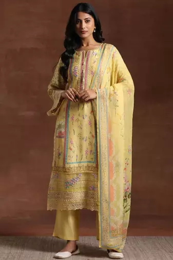 Floral printed notch neck beads and stones straight kurta with palazzos and dupatta