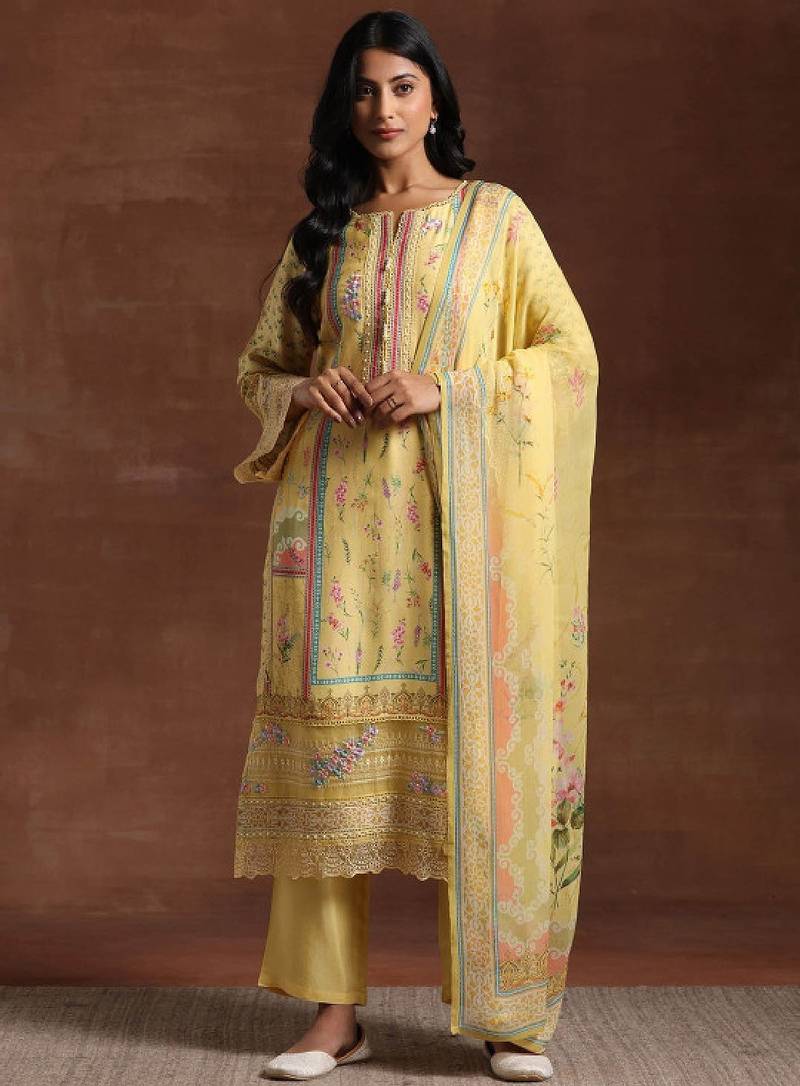 Floral printed notch neck beads and stones straight kurta with palazzos and dupatta