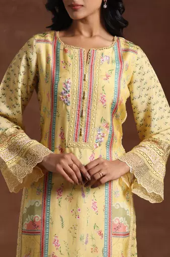 Floral printed notch neck beads and stones straight kurta with palazzos and dupatta