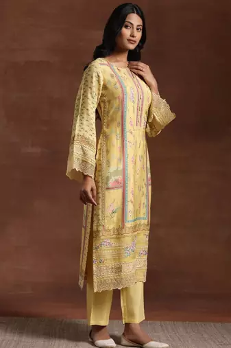 Floral printed notch neck beads and stones straight kurta with palazzos and dupatta