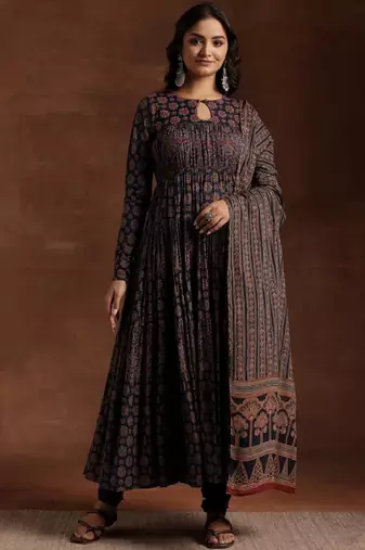 Womens blue printed cotton anarkali kurta with churidar & dupatta