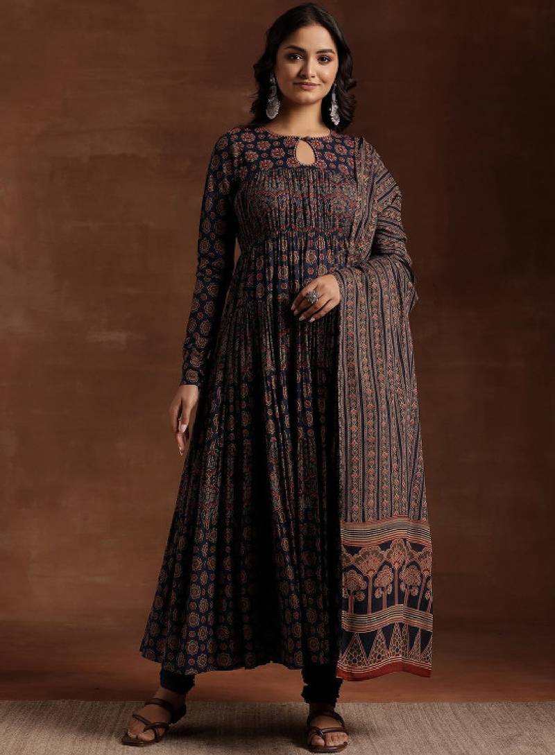Womens blue printed cotton anarkali kurta with churidar & dupatta