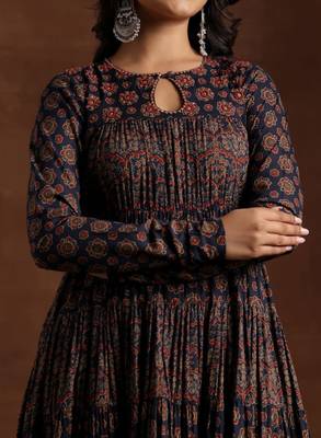 Womens blue printed cotton anarkali kurta with churidar & dupatta 2