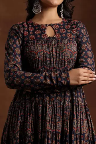 Womens blue printed cotton anarkali kurta with churidar & dupatta