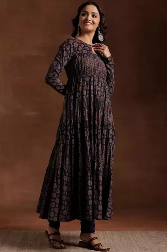 Womens blue printed cotton anarkali kurta with churidar & dupatta