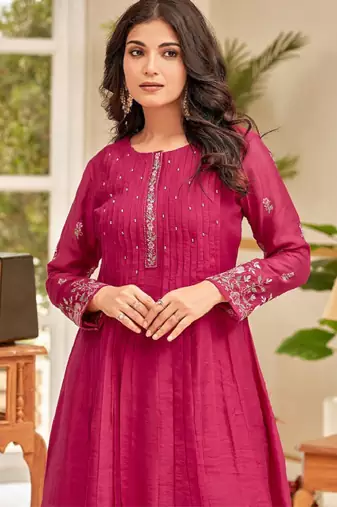 Floral embroidered thread work chanderi cotton a-line kurta with palazzos