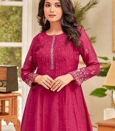 Floral embroidered thread work chanderi cotton a-line kurta with palazzos