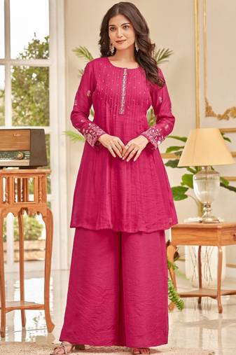 Floral embroidered thread work chanderi cotton a-line kurta with palazzos