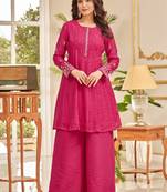 Floral embroidered thread work chanderi cotton a-line kurta with palazzos